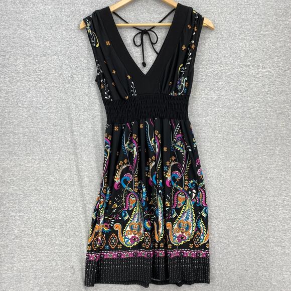 My Michelle Dresses & Skirts - Vintage My Michelle Dress Womens Medium Black 90s Paisley V Neck Elastic Waist